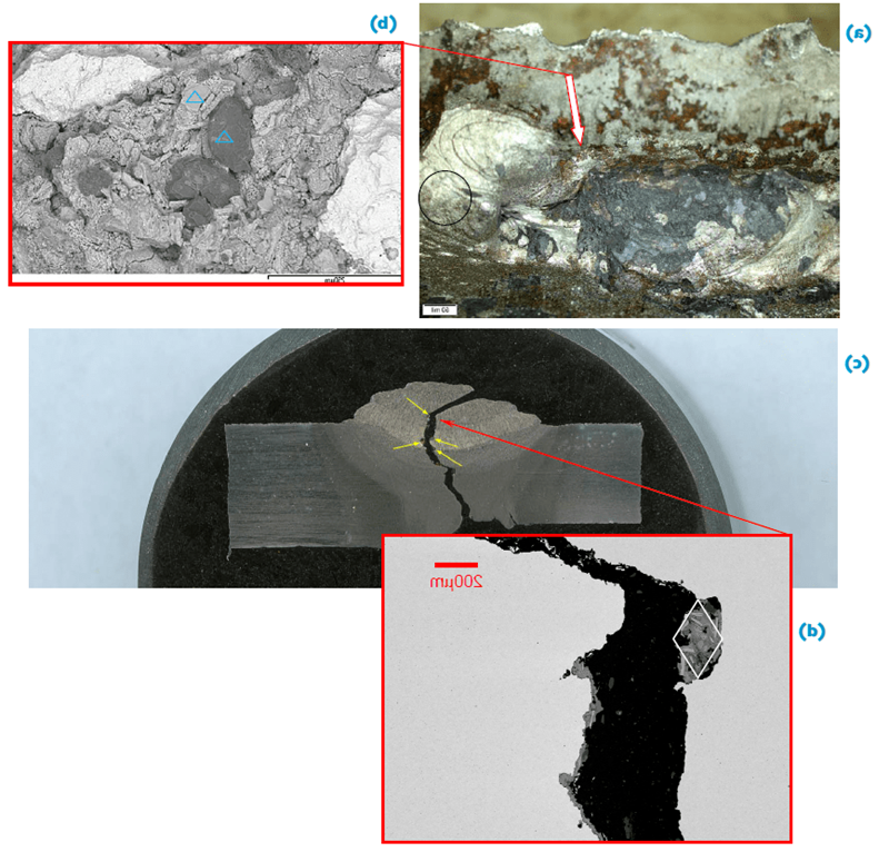 The girth weld on a large diameter pipeline was fractured and the origin of the break was identified by tracing convergent steps and arrest lines.